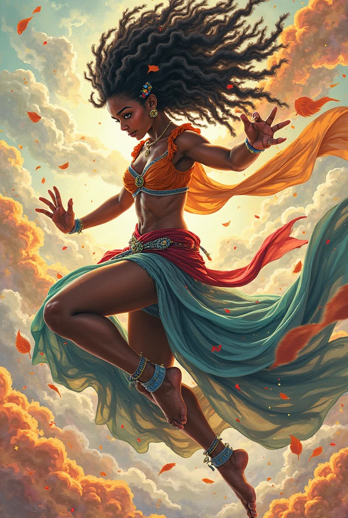 Complete and complete view of a Beautiful circular tribal dance by very beautiful black African women with perfect realistic and detailed faces, well-defined feet and hands, bare torsos, very colorful image by Jean-Baptiste Monge, nfsw