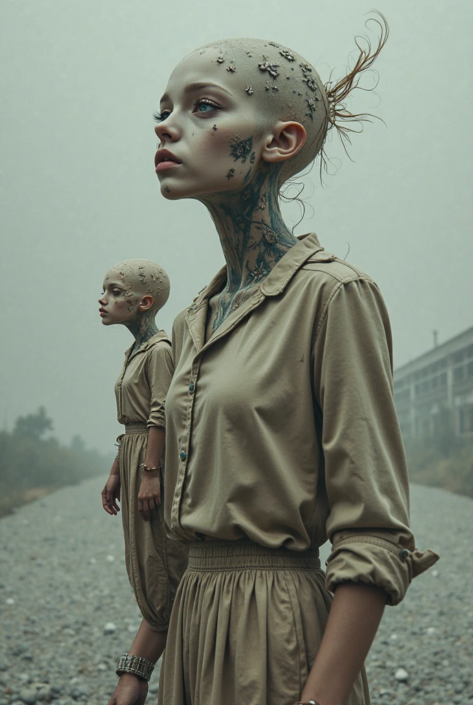 Best image quality, masterpiece, multiple heads on one body, wearing red clothes, expressionless faces, thin body, detailed skin expression, detailed image texture, brutal, grotesque, horror, gloomy atmosphere, (not AI image), cloudy weather
