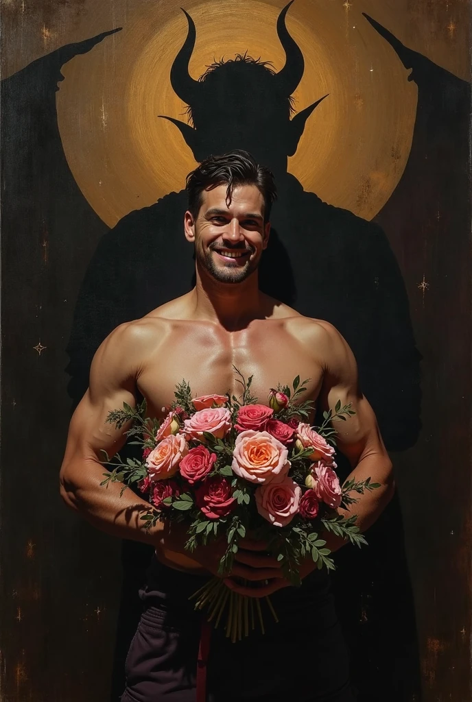 (Artwork, maximum quality, best quality, official art, beautiful and aesthetic:1.2), (1 man), extremely detailed, (fractal art:1.3),colorful,R-Rated most detailed, nsfw, magazine cover, art poster, Lovecraftian horror Tattoos, Tattoos, musculine, short hair, rustic face, Muscular body, Hairy chest and hairy body, loincloth, painting of a man holding a bouquet of sunflowers in front of a golden background, hyperrealistic Art Nouveau, Chie Yoshii , Andrey Remnev, by Yamagata Hiro, Mucha Klimt and Tom Bagshaw, inspired by J.. c. Leendecker, inspired by J..c. Leendecker, inspired by J.ames c. christensen