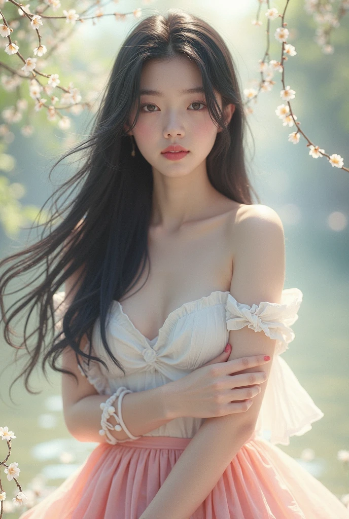 best quality,masterpiece,1girl, solo, (torn clothes:1.3), upper body, blush,,succubus,surrounding by flowers,falling_petals, outdoors, petals,,floating_hair