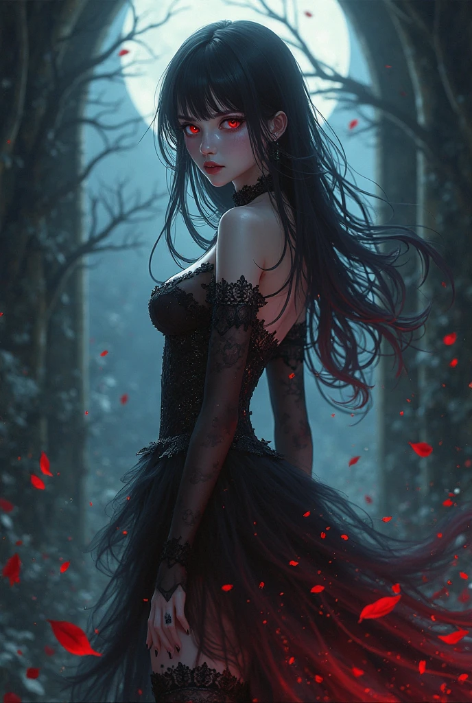 A vampire woman with long black hair with red highlights, walking in a rose garden. Dark anime style image.