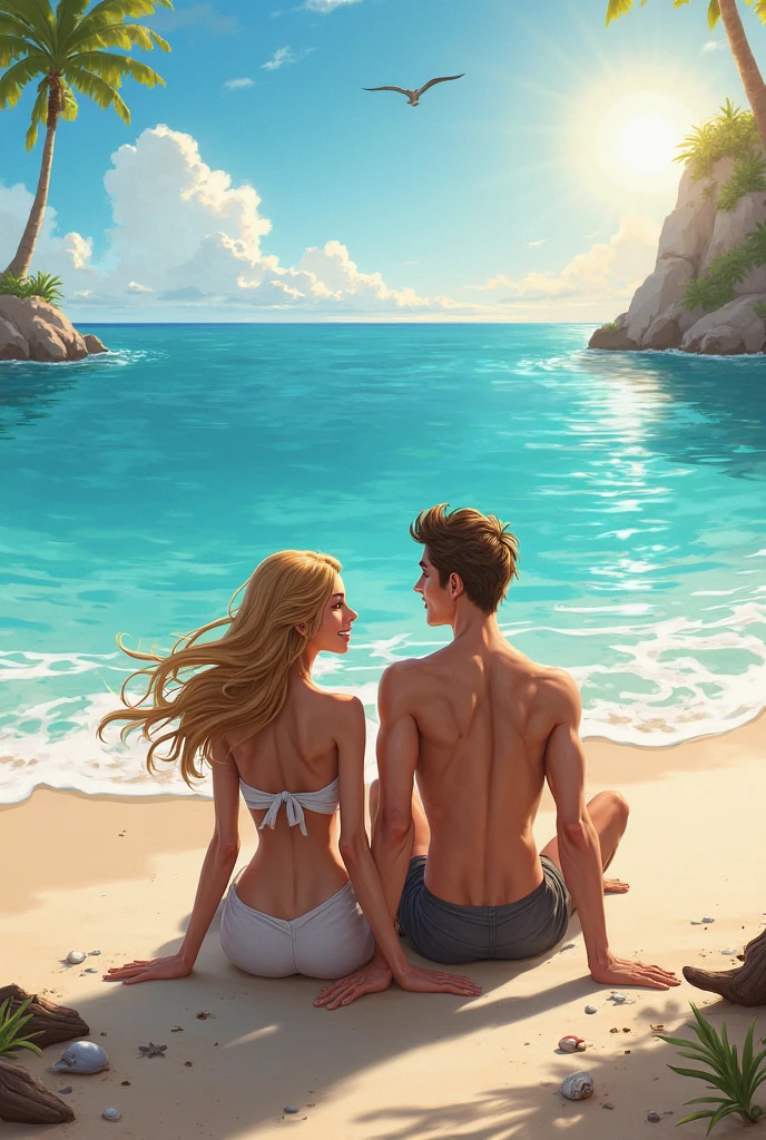 A blonde 2 woman with long hair and a 2 man with super short hair hanging out in Greece
