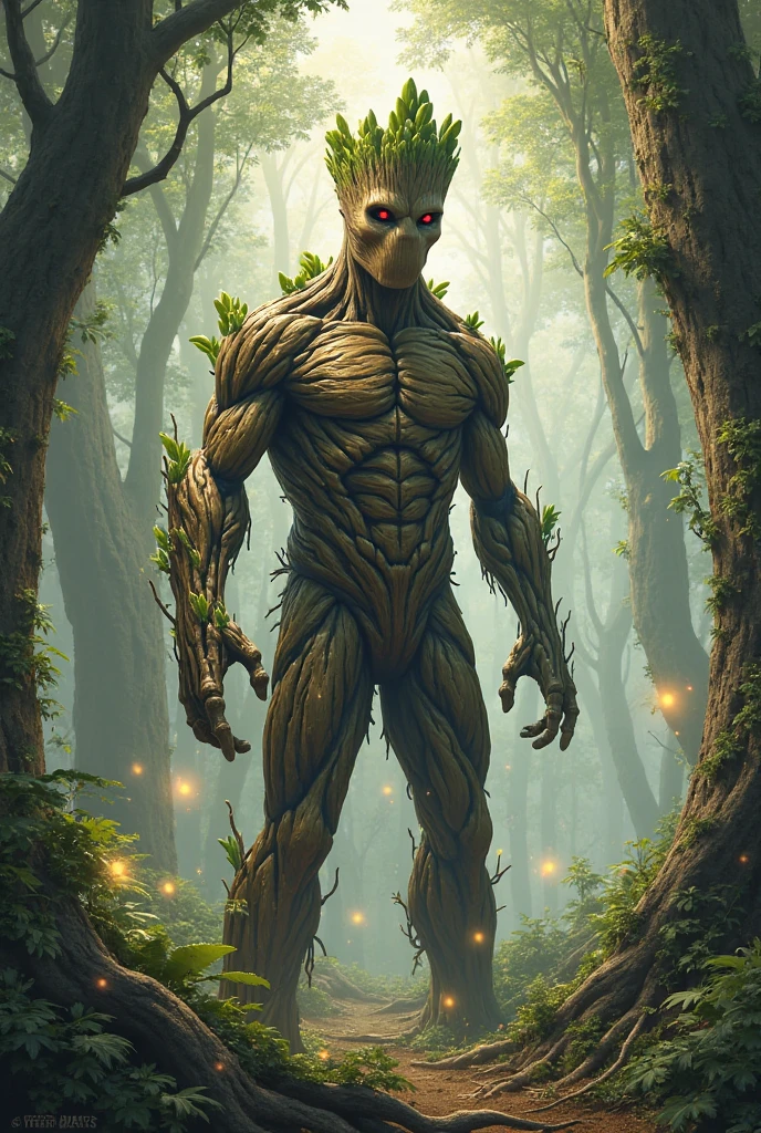 ((perfect male Groot)), looking at viewer, anatomical robotic body, (((Groot wearing open green hoodie and dark green jeans)), in forest, 8k, RAW photo, best quality, masterpiece, high detail RAW color photo, dramatic lighting, cinematic lighting, back light, professional lighting
