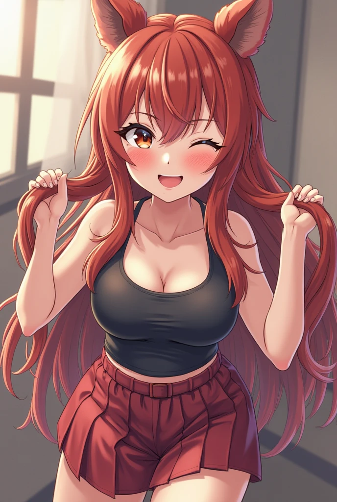 best quality, <lora:Mio_NaruseV4:1>, Mio_Naruse, 1girl,  (hair_down:1.3), long_hair, straight_hair,  yellow_shirt, yellow_tank_top, denim_shorts, red_eyes, navel, cleavage