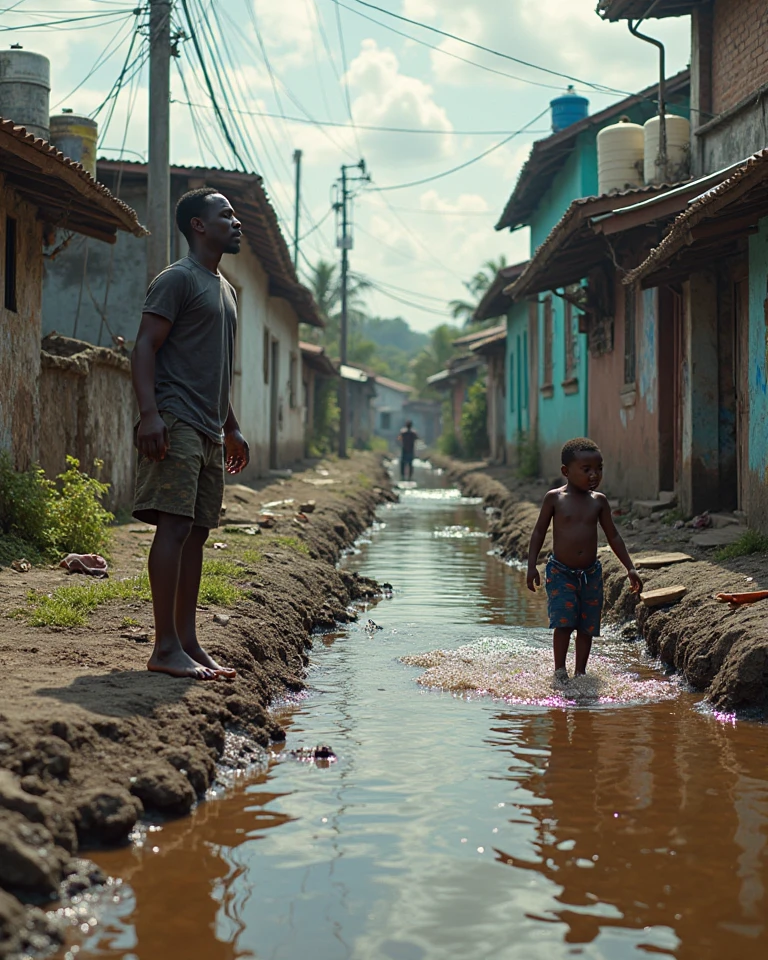 A poor man builds a huge hut on his house, it rains and he builds his house in the rain, his video is of him, his children are sitting in the rain and crying, everyone