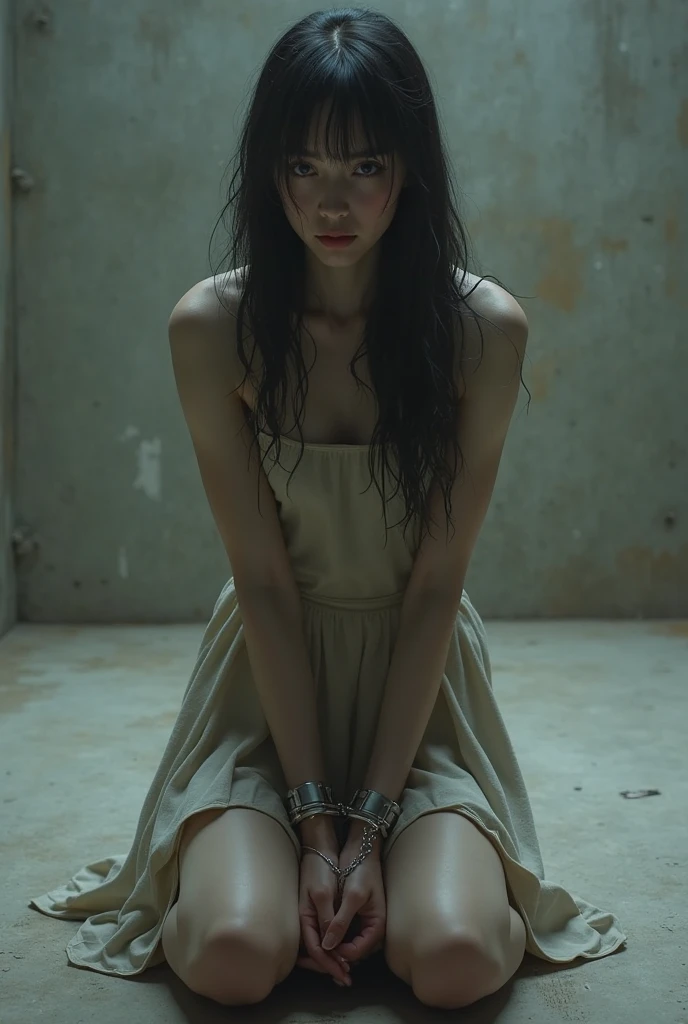 AR 9:16 THE MOST BEAUTIFUL GIRL IN THE WORLD KOREAN 16 YO chained to the whole body, whose chains have the word depression written on them , She is kneeling ON A DIRTY FLOOR and holding her head SHE HAS BEAUTIFUL LARGE BREASTS AND CLEAVAGE(VIEWER CAN NOT SEE THE MAGNIFICENTLY SCULPTURED BREASTS, Open Mouth, Screaming