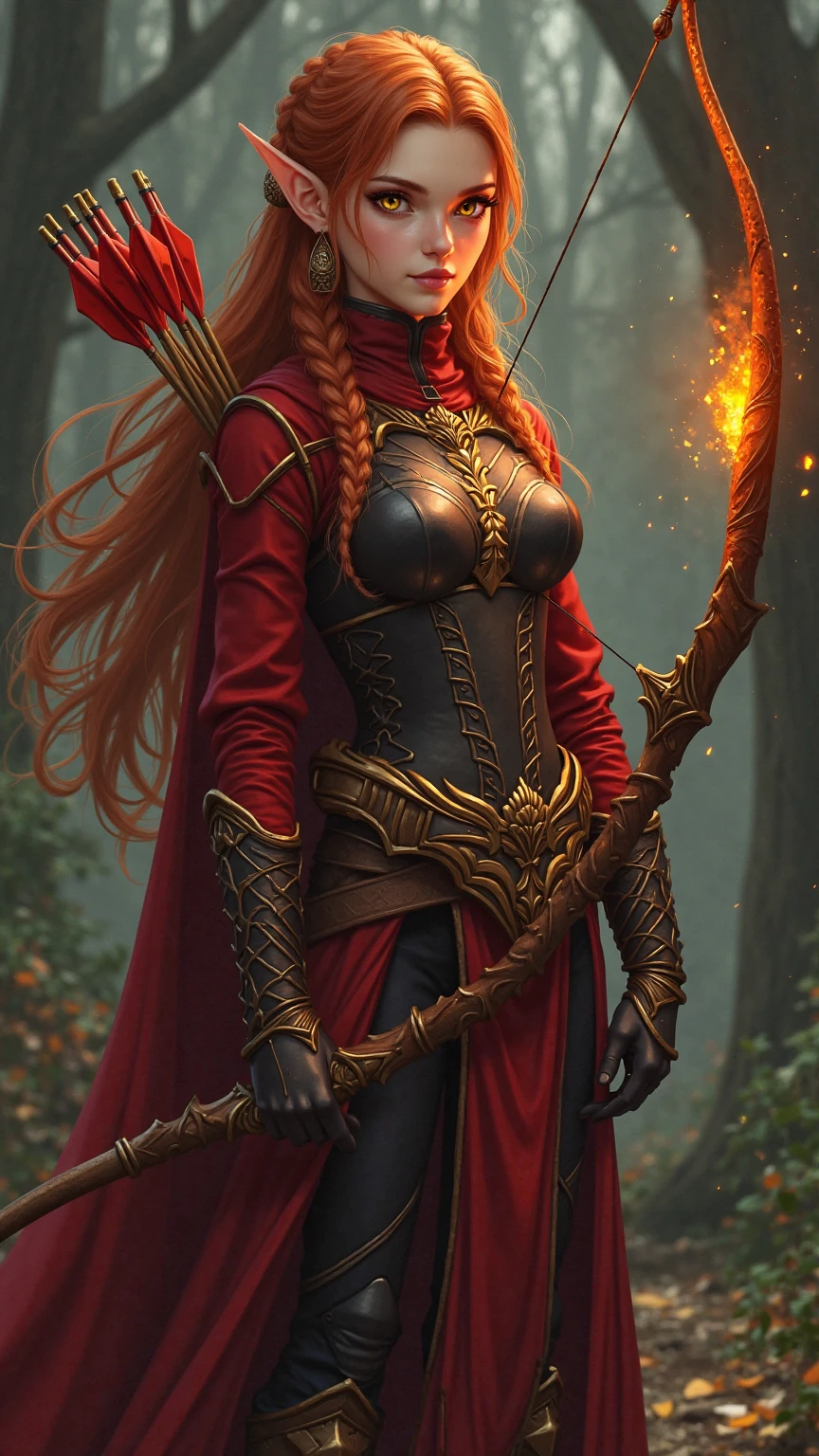 Elf, red hair, short staff, sorceress, long cape, reality black cape, forest, black armor, magic, shining staff, short hair, magic around, magic behind. fireball --auto --s2