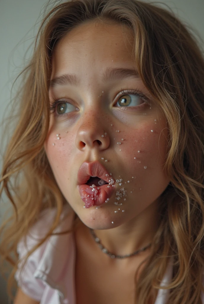 Very beautiful Caucasian, red long very curly hair, head bow, blowjob, cum in mouth, cum hair