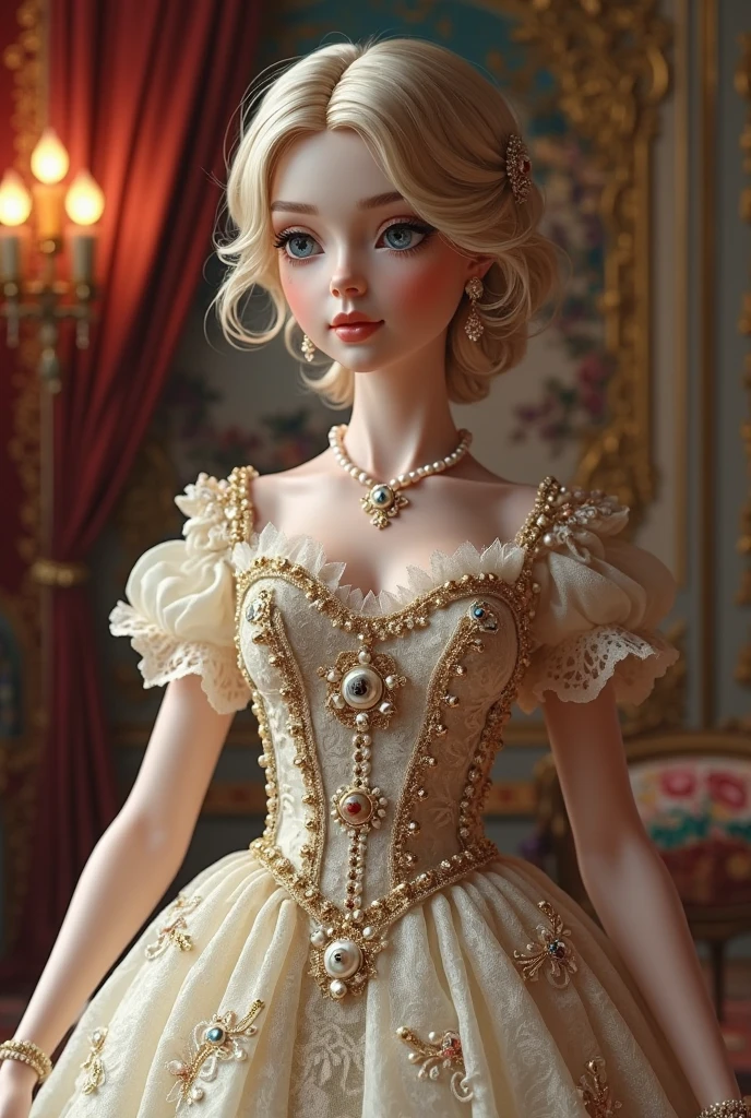 ((Bokeh:1.5)),((Soft focus:1.5)),, The Childlike queen, sitting on the throne, highly detailed tall throne, stunning beautiful young albino girl,14 years old, alabaster skin, very short brown hair,((Slicked back hair)),(head chain with jewelry stone),((viewed from side:1.2)), (looking at viewer:1.5), white royal dress, Beautiful blue eyes, soft expression, Depth and Dimension in the Pupils, She wears white delicate fractal pattern lace dress, , creating a sense of movement and depth. ,3d toon style