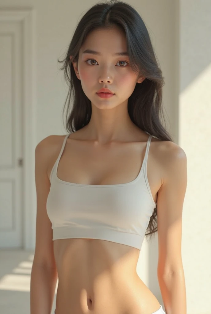 A masterpiece, best quality, 14-year-old Mexican girl (14-year-old teenager: 1;3), young appearance: very slim, small breasts, chubby and oblong face, egg-shaped, full lips, very long black short hair, no clothes, nude ,background: playing fields and outdoor gyms, garden, park, girl exercising and posing for photos, the whole figure is visible, digital SLR camera, film grain, backlight: daylight, sun.