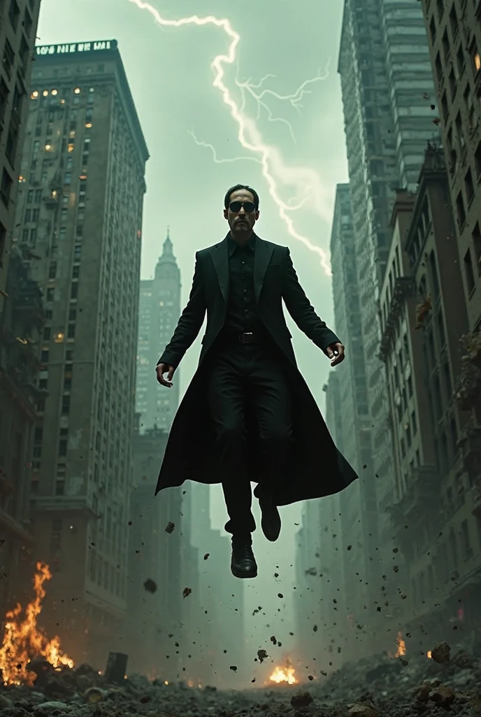 cinematic film still of  <lora:The Matrix Style:1>
Neo the one, flying in air like superman, in sky, from a scene from the matrix style, shallow depth of field, vignette, highly detailed, high budget, bokeh, cinemascope, moody, epic, gorgeous, film grain, grainy