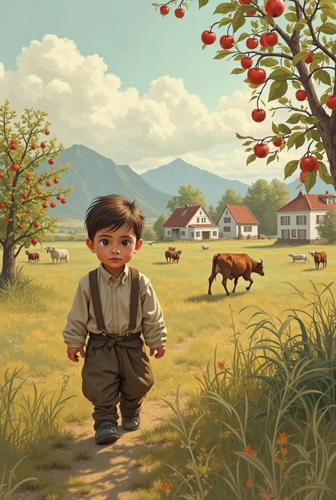 The boy hears a loud neigh. He looks around, confused.
