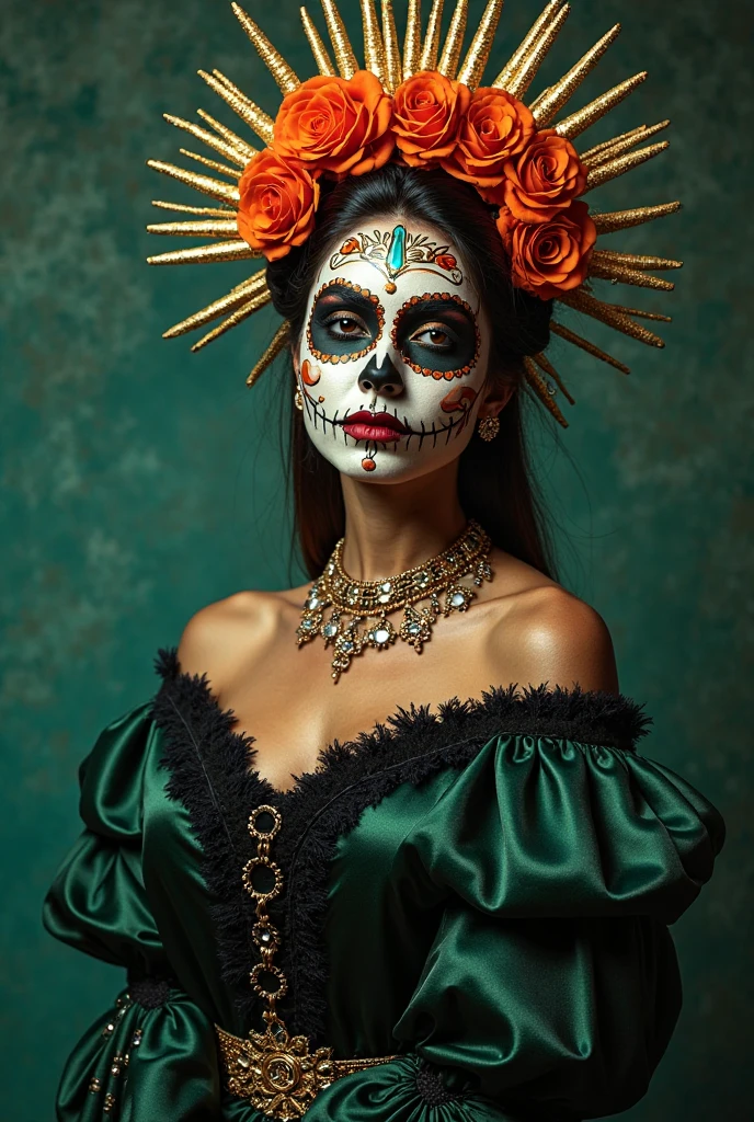 (medium full shot) of (iconic Catrina) young woman, wearing a marigold yellow traditional Mexican outfit, vibrant eye makeup, feathered headpiece, set at Dia de Muertos, in a festive altar, with bright decorations, lively music, celebratory foods, joyful atmosphere, and vibrant marigold arrangements, woman smiling, Masterpiece,best quality, photo, realistic, very aesthetic, detailed face,