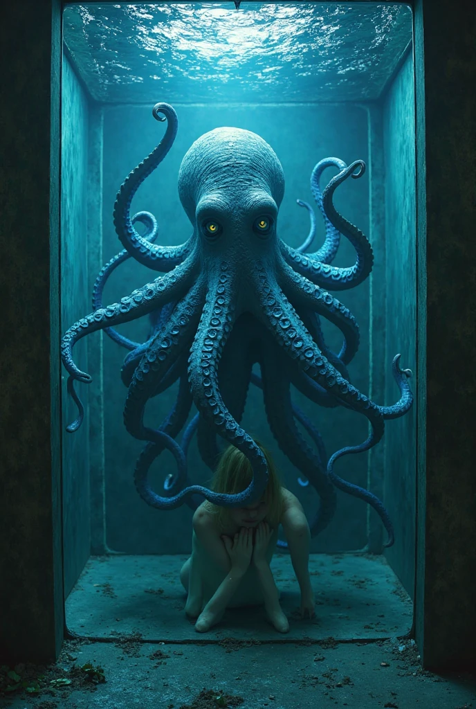 An amorphous beast with tentacles stalks a girl distractedly showering in a communal shower from the ceiling..