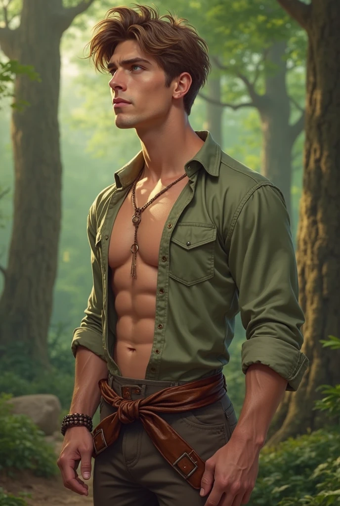 man in the woods,bubbling spring,araund full flower,fling butterfly