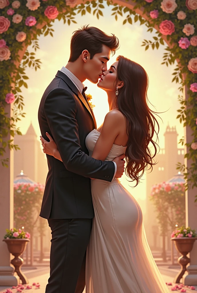 Handsome man holding hand of beautiful busty woman, woman birthday,cake ,party wear, full body