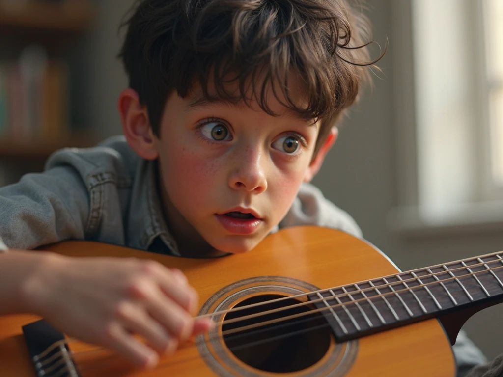 Guitar boy laughing in the picture frame