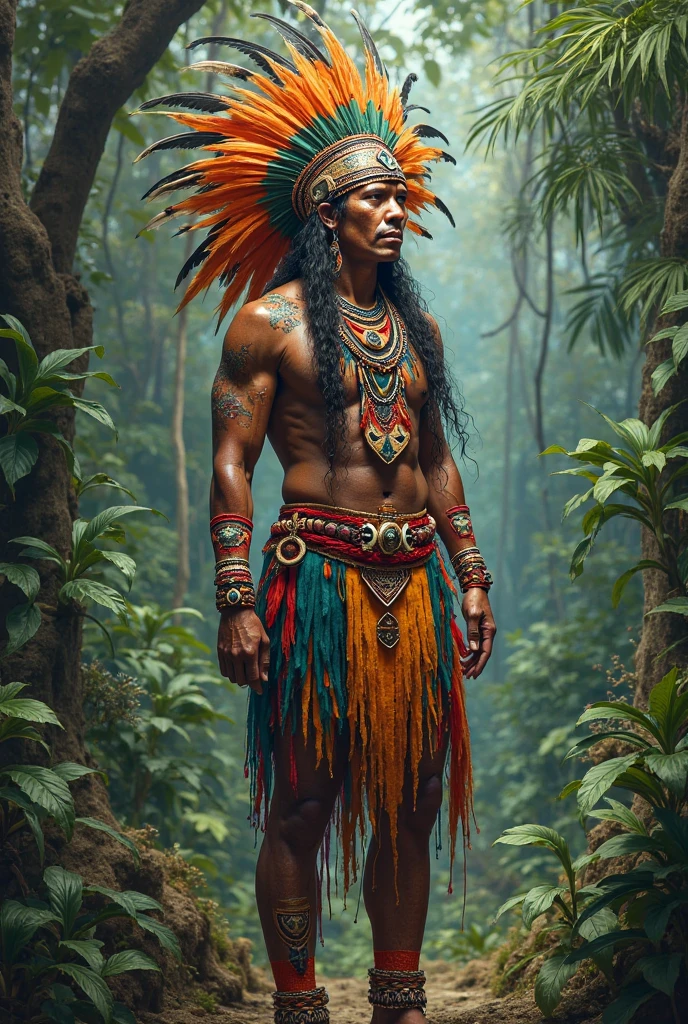 Indigenous man in traditional indigenous clothing, tall and handsome, com cabelos de fogo