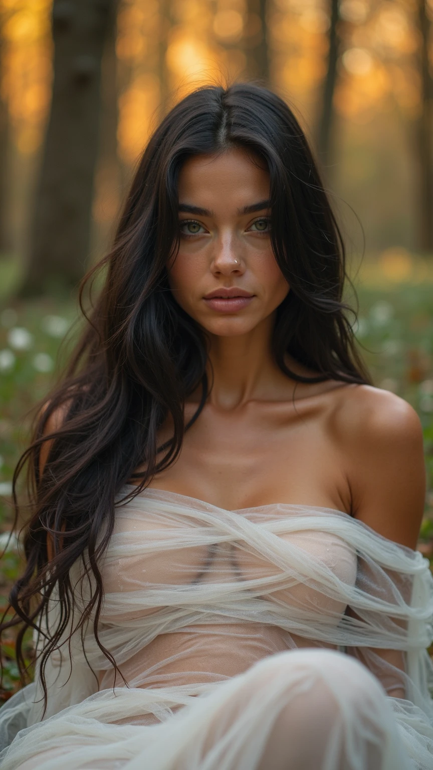 NSFW Long hair girl, black in color, blue colored eyes. with huge breasts, slim with hips and ass, no belly. Lying face down on the ground in a forest, naked