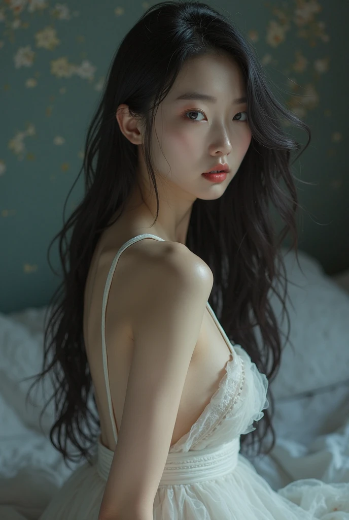 Beautiful Japanese girl、 analog film photo, (Create a realistic and photorealistic photo image)、whole body、White tank top、Dimly lit place、Red light、Sitting、blur, tint, depth,