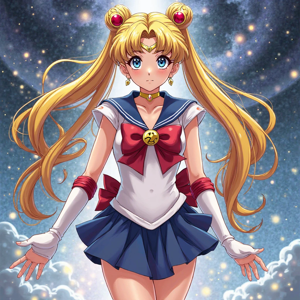 create a syle mix of a new original sailor moon original female superhero character, full body, long hair waving in wind, gaphic,deviant,fantasy but detailed realistic features, background mix style of klimt and gouache like bapiste