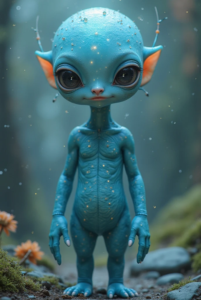 one girl, elf ears, , pure, cute naked, topless, a Woman alien mix, human Body, big tits,   shed skin, alien nose but the Rest of the face ist human,  big eyes, full black eyes, hybride 10 % elf 30 %alien and 60 % human, face mostly woman,  shed kin at Body Arms and shoulders and neck, tits are human , nipples , full black Iris, slender No clothes,snake shed skin, blue skin, fish skin, top down POV on the sitting on the floor with her mouth open