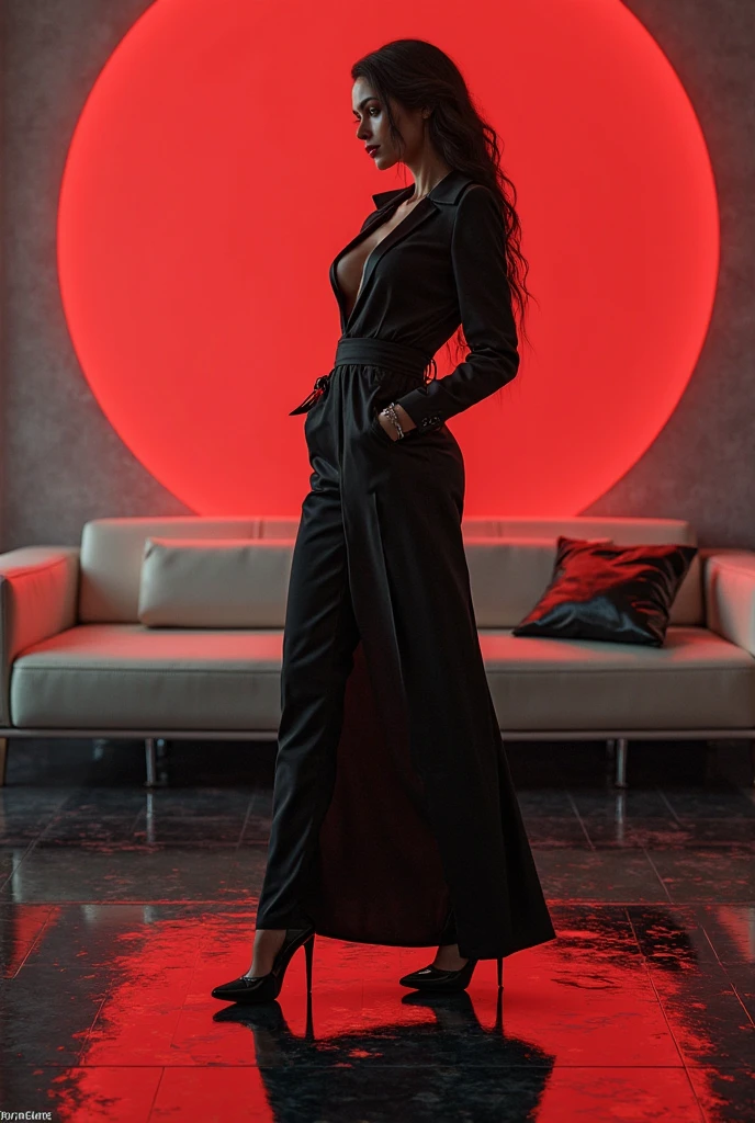 A dominant looking teacher, pretty, Thicc, high, with Asian features, with red and black clothes and heels