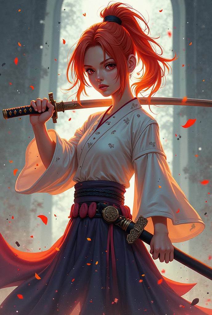 anime, adult woman, (((japanese schoolgirl uniform))), no bra, (((skirt lifted by a draft pussy))), big breasts, swirl of air all around her, sword in one hand, storm decor, fighting pose, ref hair, camera angle low angle view from below, Correct anatomy, 5 fingered hands