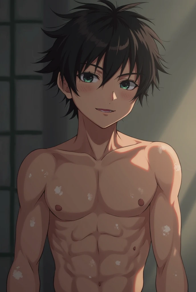 Highres, Masterpiece, Best quality at best,Best Quality,hight quality, hight detailed, anime style, 1boy, Boy, Shota, Solo person, Shirtless, Without cloths, Seen from the below, look at viewer, Look like little brother, Upper body, slim body, Flufy hair, (very young boy), (very small and short body), 12-year-old boys, Wall beckground, (A boy is teasing using his armpits), Kissing your own armpit, Cute face, hansome boy, Seductive pose, uhd,