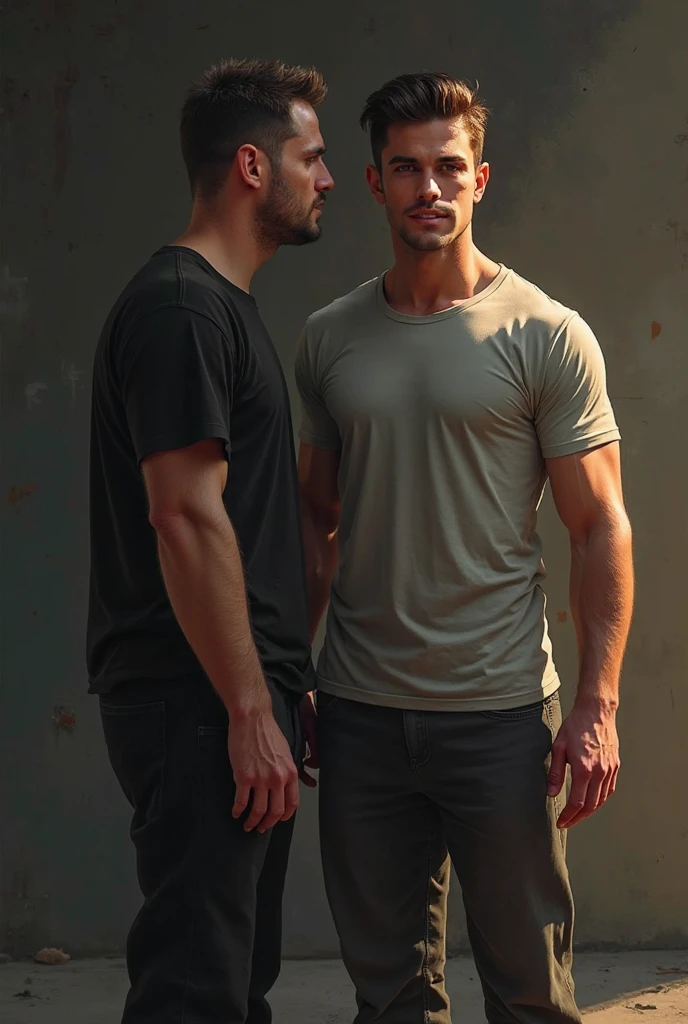 ATTENTION: (((*TWO MALES HANDSOME MAN TOGETHER*))) IN HIGH REALISTIC RAW IMAGE. Man A 41, exceptionally handsome man with light-colored eyes and short, thinning hair. He is (((dressed a pants, formal shoes, and an open, *extremely shiny black leather puffer jacket* that reveals his hairy chest and slightly prominent belly))). He is (((positioned on all fours))), with his head slightly raised as his necktie is being pulled by the domineering handsome man B. His is (((expressing deep humiliation and forced submission by the bad Man B, 32))), man with short hair, light skin, and a robust natural and hairy chest with a slightly prominent belly. He is (((wearing sports pants and sneakers, with no shirt, exposing his upper body))). Standing next to humiliating Man A, he grips the colar animal with a smug, dominant expression, (((pulling it to lift Man A’s head toward the camera))).
 ATTENTION: extremely ultra mega high ACCURATE IMAGE. High resolution, Best quality, High details, HD model, Anatomically correct, Accurate. ATTENTION: (((*TWO MALES HANDSOME MAN TOGETHER*))). Man B is treating Man A like an animal with violence.