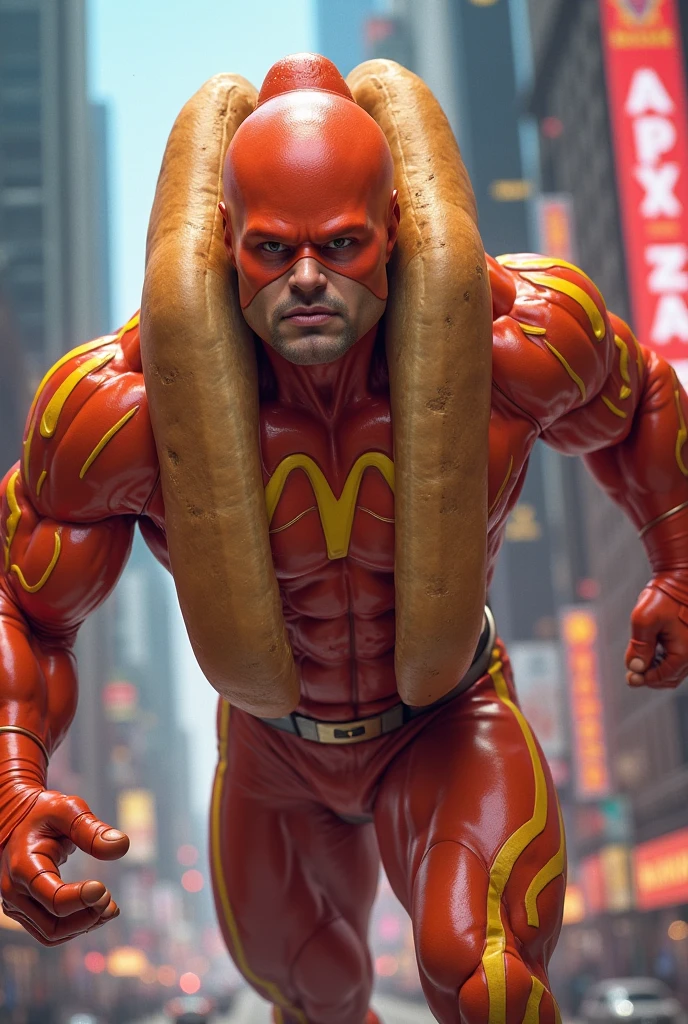 I want you to generate an image where the character Homelander is dressed in Oscar Mayer's uniform standing and in the background of Homelander appears Oscar Mayer's sausage car