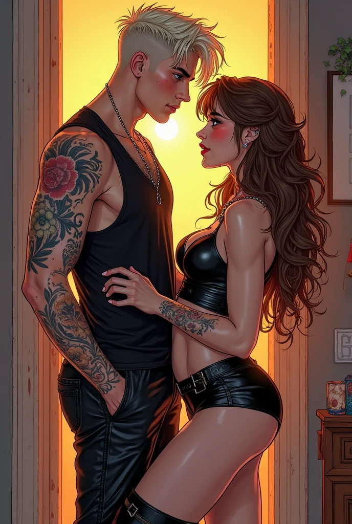 Anime sketch of a handsome brown-haired tattooed bad boy with tattoos around his lips hugging a beautiful long-haired blonde girl with a snake tattoo on her neck.
