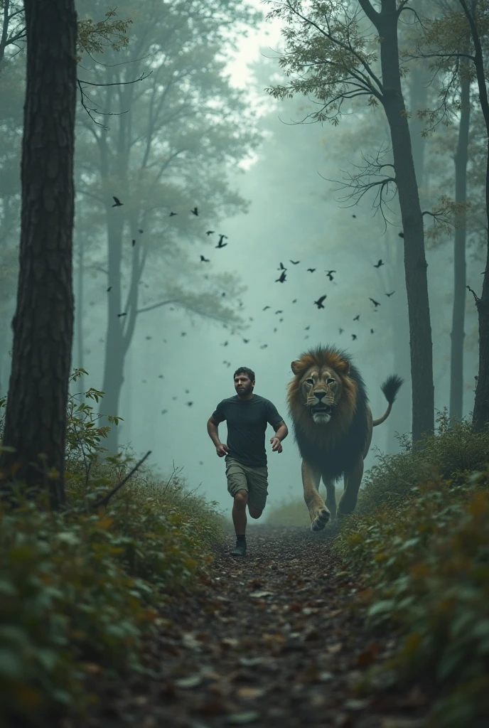 A person running in a beautiful jungle and haunted by a lion