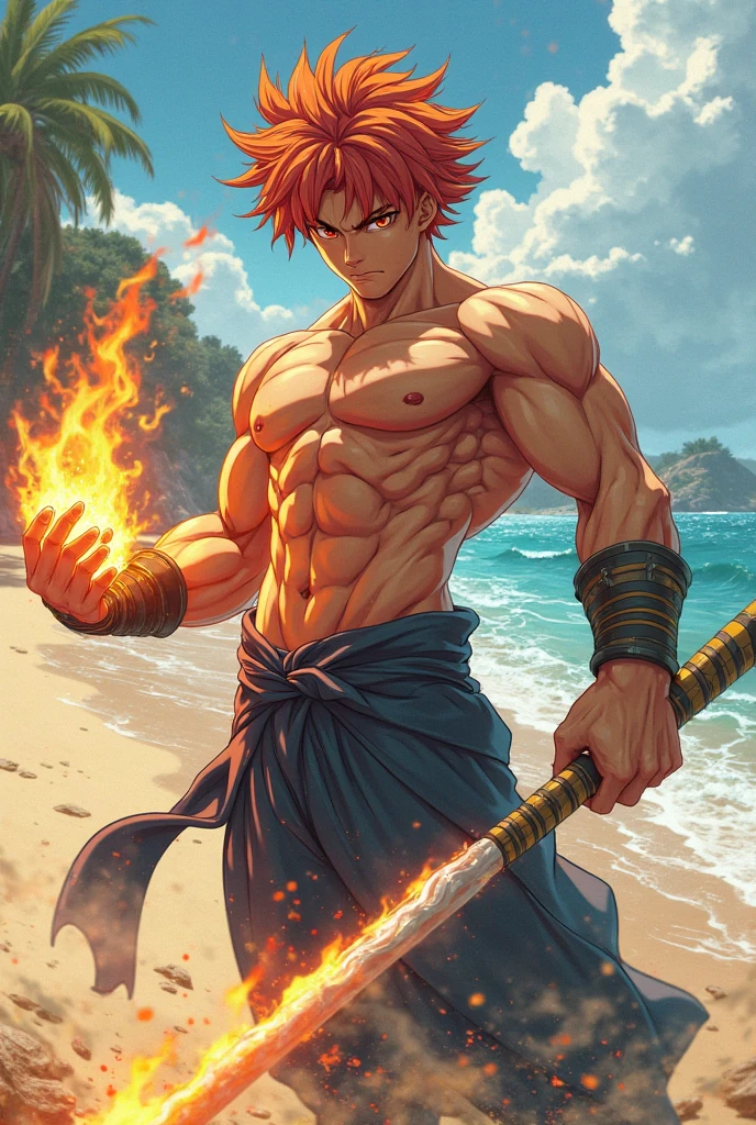 30-year-old man red hair bear ears on his head reddish barbarian clothing arcane tattoos on his body red orange eyes fire on the fist of his right hand slim build muscular background of mountains