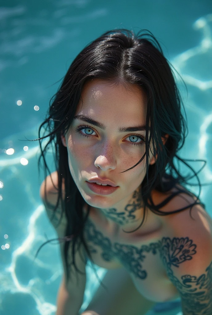 Long shot full view of woman lying in pool, attractive delicate and beautiful woman with freckles gray-green eyes long black hair with neon green and orange highlights piercing tattooed dressed in a white bikini barefoot playing with her hair biting her lip hand on her mouth playing with her hair