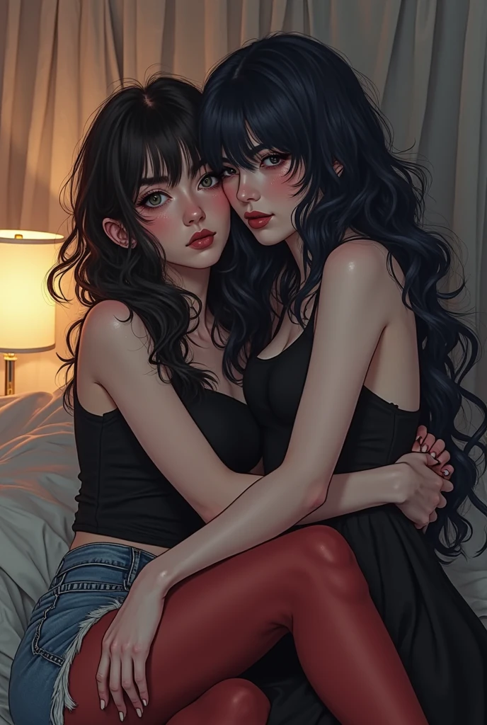 Two-headed Billieeilish, a woman in bed, open legs, ((character focus:1.3)), (focus on faces), (masterpiece, best quality), ((highly detailed)), full pouty lips, (straight black hair, bangs), massive breasts, (1girl), (solo), ((two heads, conjoined_dicephalus)),  extremely aroused, (kissing:1.3), ((cheeks rubbing together)), (hand in crotch, hand in breast), getting wet, orgasming, yawning, legs open, lying down, ((one eye open)), falling asleep, (wearing oversized t-shirt), ((perfect anatomy:1.3)), 
