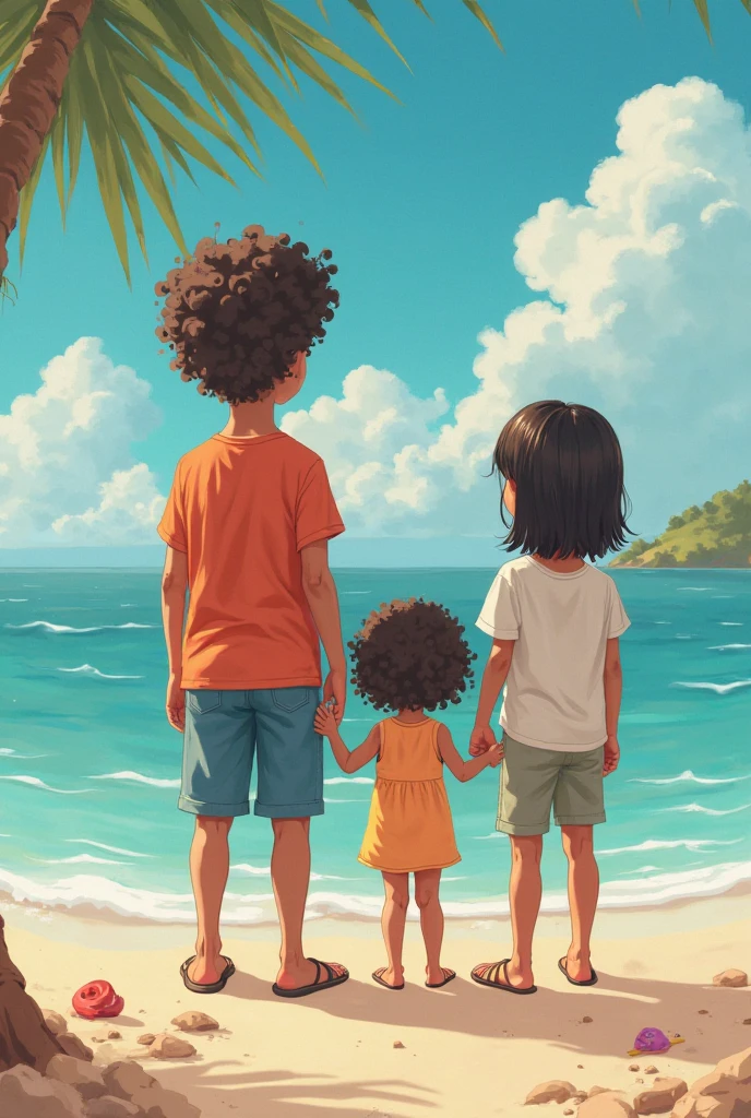 A straight couple, sitting on the beach watching their children run in the sand with a white and brown shitzu puppy, but both with curly hair