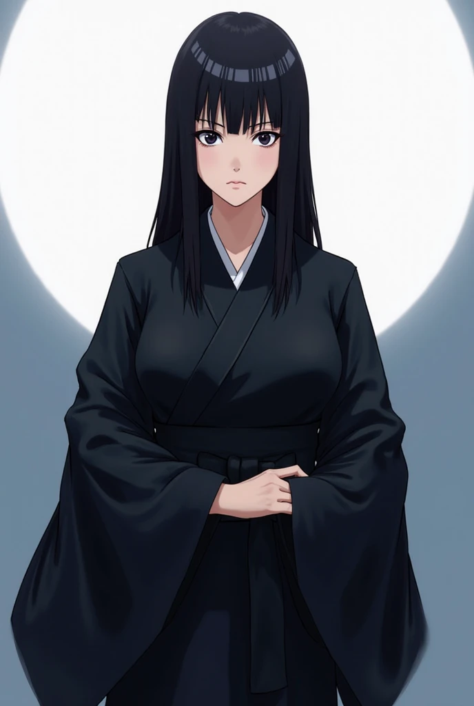 {{upper body, straight-on}} {{Artist: jasony}} 1 woman, solo, mature female, elegant, princess, thick thighs, large breasts, black hair, long hair, hime cut, sharp eyes, expressionless, purple eyes, half-closed eyes, mole under right eye, black kimono, looking at viewer, indoors, Japanese palace, moonlight, window.
