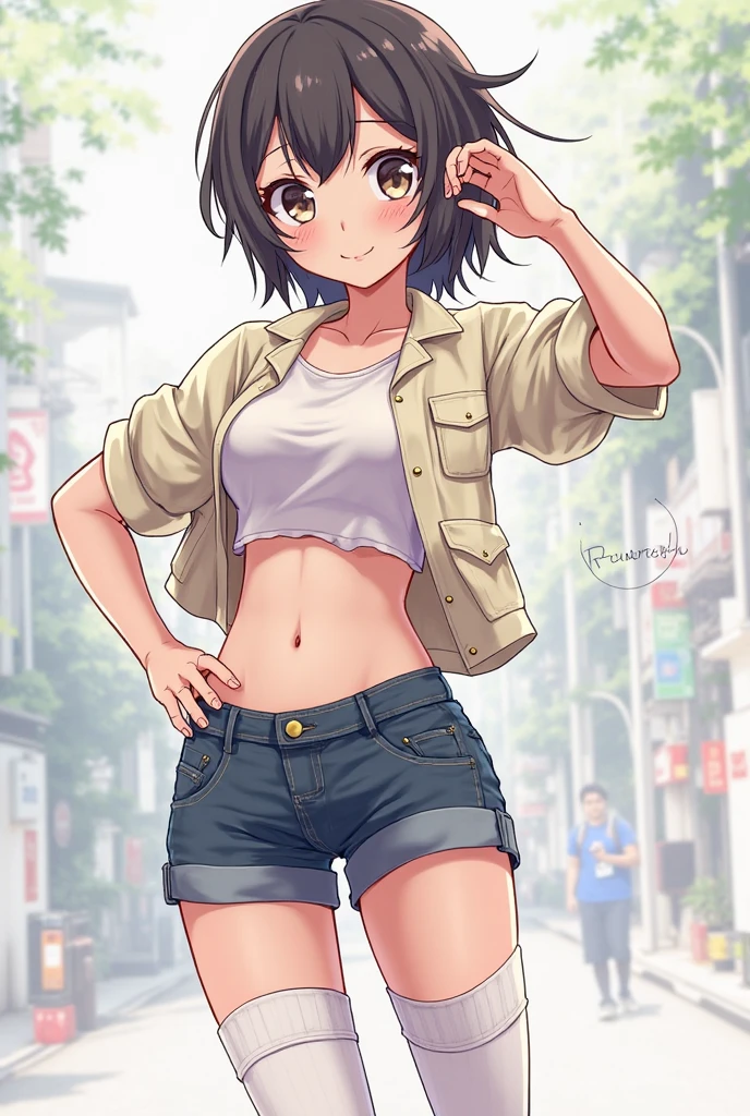Obra maestra, La mejor calidad, highest qualityr, fotorrealista, Perfect anatomy, Cara perfecta, ojos perfectos, bandana naranja, pandballgt, 1girl, ojos negros, cabello negro, pelo corto, orange bikini, pants, Guantes sin dedos, Camisa roja, Recortar arriba, al aire libre, girl woman (((brasier)))