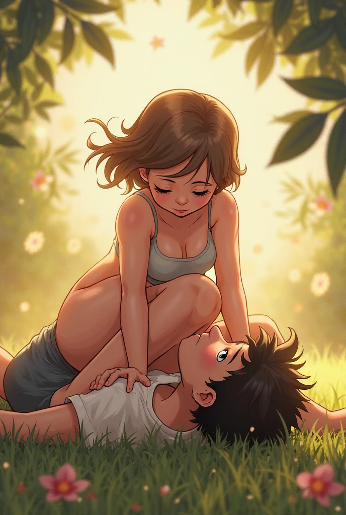 score_9, score_8_up, score_7_up, source_anime, 1boy, 1girl, mature female, mother bra no clothes and son, ???, hug kiss, smile, hand on head, kneeling, grab 