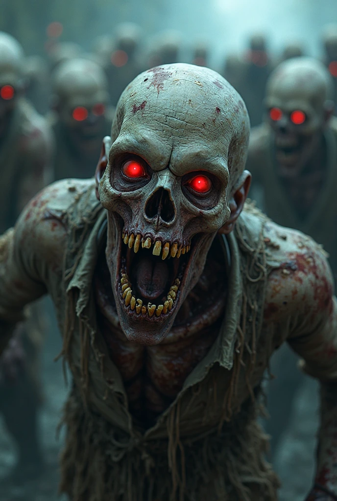 create a realistic scene where a zombie with sinister eyes and exposed wounds on its body is trying to attack a person.
