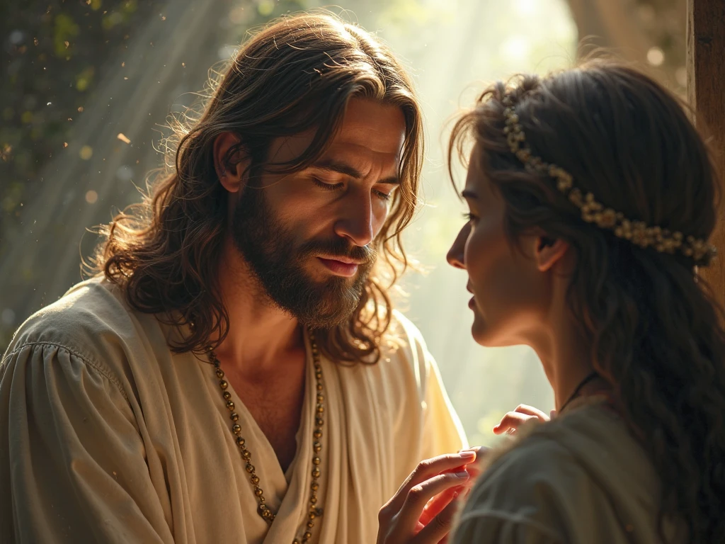 jesus (Jonathan Roumie) Helping a person remove a sad mask from their face