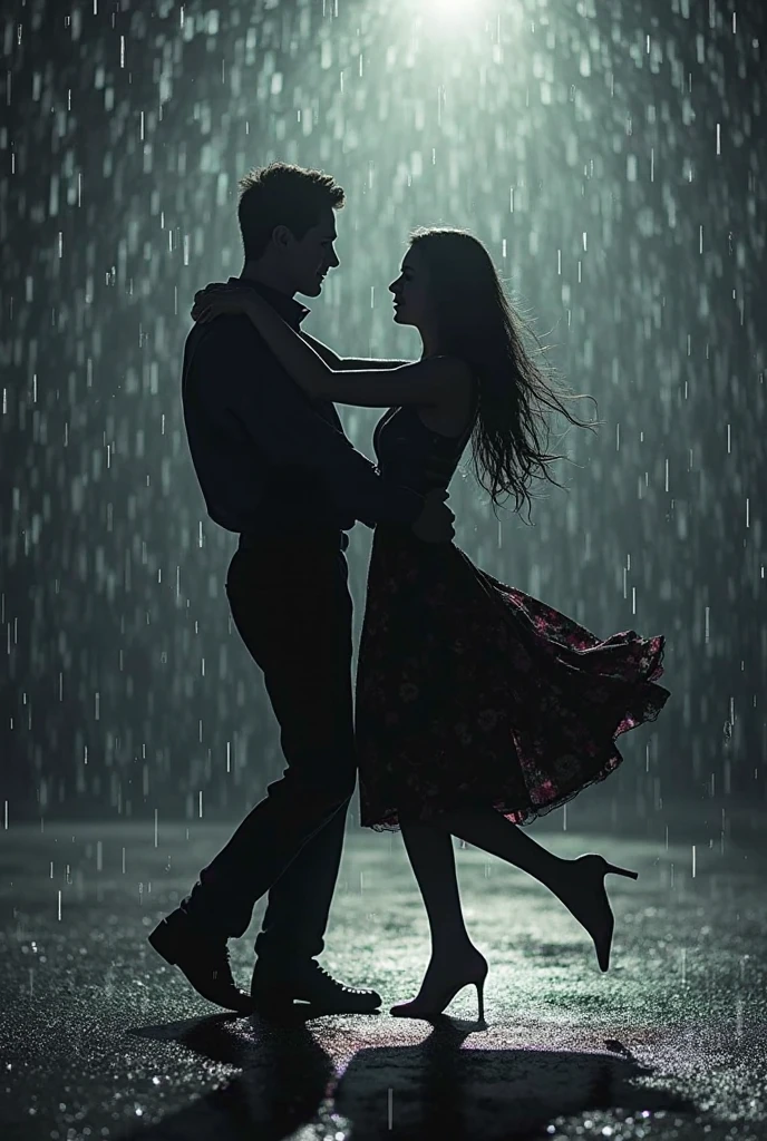 a nymph with tanned skin, green eyes and curly brown hair with a lush body next to her is a muscular and handsome man with dark blue eyes and raven hair. The two of them are dancing in the rain, the two of them are very happy on a road at night
