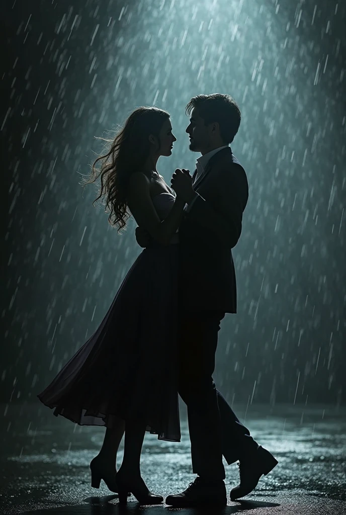 Two handsome skinny men dressed in black long suits without a shirt under the rain dancing bautiful liar on top of a black castle falling rain and lightning