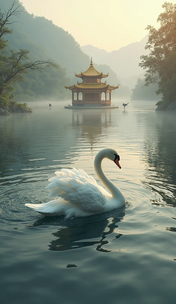 A large, clear white witness swims the Mekong River, circling around the pagoda in the middle of the water. The atmosphere is realistic, beautiful, early morning, with a little dew, sunlight.