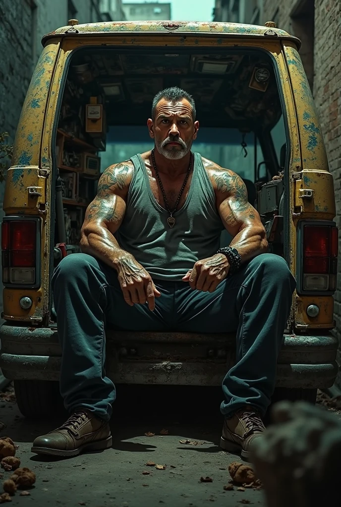 (bestselling artist realistic illustrations, pencil drawing:1.2), muscular old man, short hair, stylish mustache, two-tone hair, striking blue eyes, handsome face, large and defined pectorals, confident posture, rugged and weathered look, intense gaze, slightly wrinkled skin, strong jawline, black leather jacket, worn-out jeans, vintage motorcycle, urban background with graffiti, sunset lighting