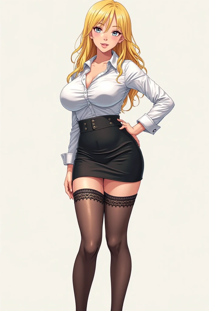 ((art by Kipteitei)), ((Masterpiece, best quality, perfect lighting, amazing shading)), (perfect anatomy, realistic proportions), field of depth, extremely beautiful, 1girl, (blond hair), long wavy hair, hair up, green eyes, black pencil skirt, dress shirt, black tights, thick, happy expression, simple gradient background