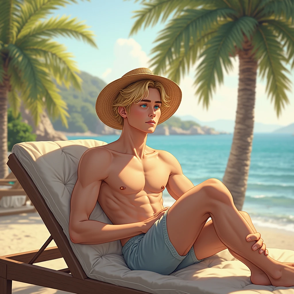 A strong European man, Zeus, ancient Greek, protruding crotch, only white panties, mature, muscular, long beard, 1boy, on a golden beach, crawling on a deck chair on the beach, the sea is blue, the sky is clean and beautiful, the sun is blazing, there are several coconut trees on the shore, a few coconuts fall on the ground, revealing the chest and abdomen), long blonde hair, blue eyes, a tall nose, muscular, wearing flip-flops (bare feet) on the feet, 4k, thick muscle,daddy,rich Particle light effects,Ray tracing,Volumetric light and shadow,Hairy,Ultra-high resolution,Rich background,large breasts,musclar,realistic,photo,Full body shot ,