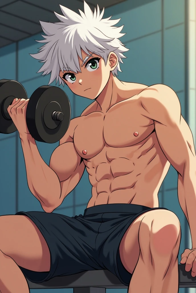 White haired man, training, anime man, silver haired man, lifting dumbells, anime young man, young man, teenager
