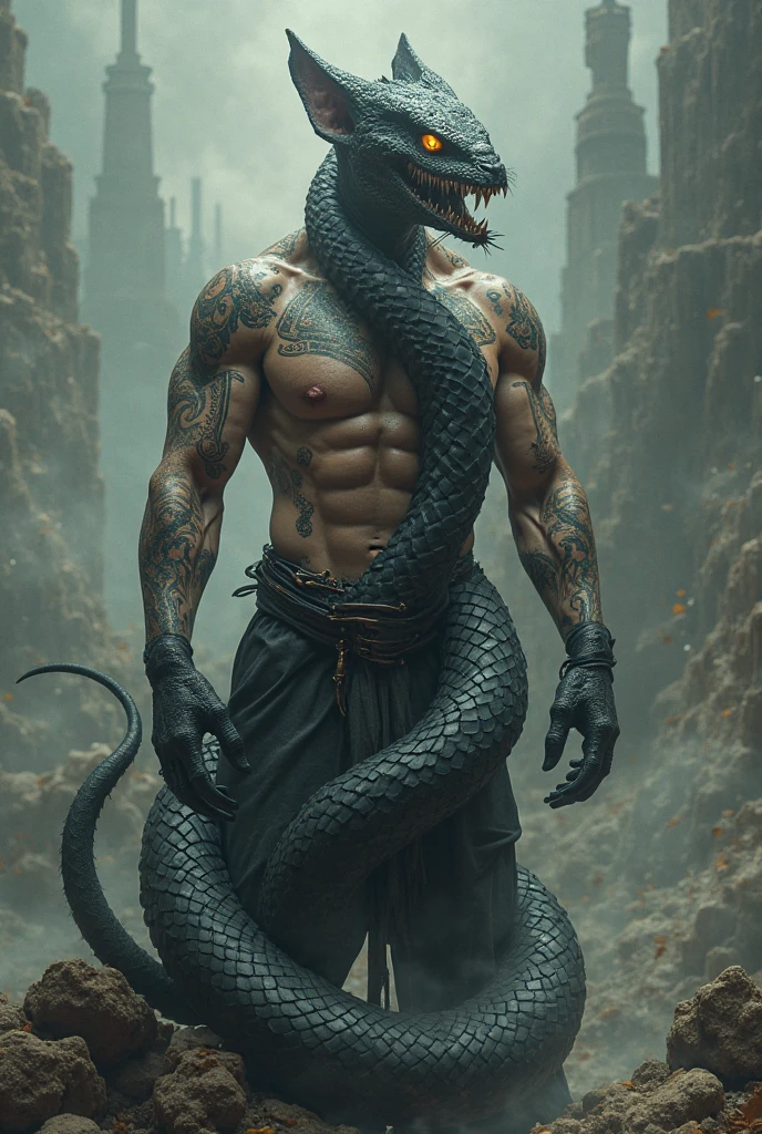 Sexy man with horns and half snake body